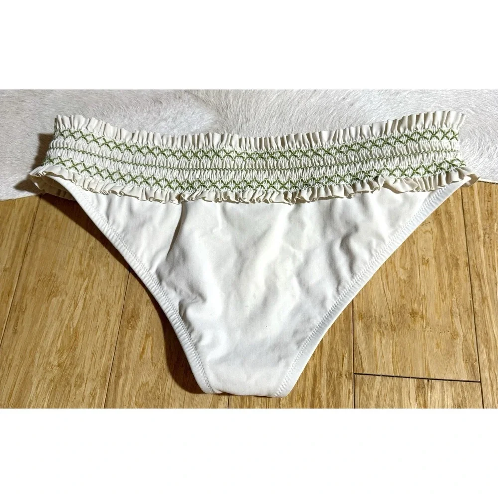 Tory Burch Costa‎ White Green Smocked Hipster Women's Bottom Ruffle Size Medium